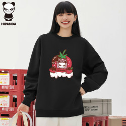 你好熊猫 卫衣女春夏可爱印花舒适宽松圆领长袖套头上衣黑色M