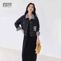 DUIBAI 复古翻领牛仔短外套女2026秋装设计感撞色拼接休闲夹克上衣