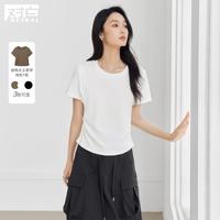 DUIBAI 设计感褶皱正肩短袖T恤纯色百搭圆领女式打底上衣