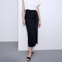 移动端：TKY SHOP 设计感黑色扭结开叉半身裙女中长款肌理感褶皱a字裙显瘦