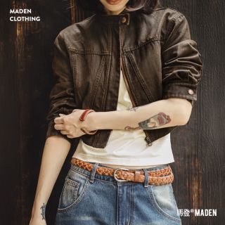 百亿补贴：马登 美式复古美拉德立领小众油蜡麂皮夹克修身短款机车外套女士秋