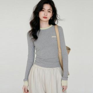 马克华菲 秋装圆领撞色边内搭假两件T恤打底衫百搭显瘦长袖T恤女上衣