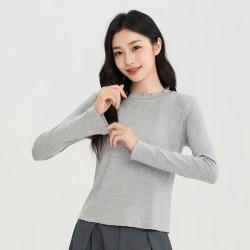 三福 长T恤2026秋季波边圆领刺绣时尚修身休闲上衣女装526993