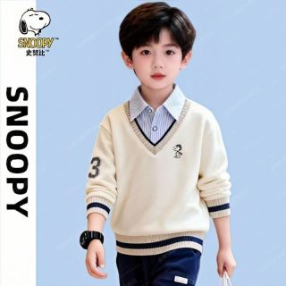 史努比 男童假两件套装卫衣春秋款男孩衬衣领学院风套头打底衫上衣