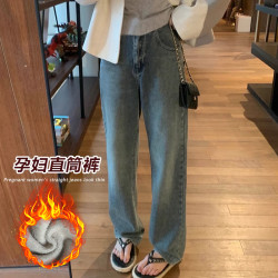孕妇牛仔裤秋冬季外穿2025新款加绒加厚复古蓝阔腿裤休闲垂感长裤