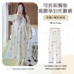 可拆卸带胸垫春秋夏季薄款待产喂奶哺乳睡裙月子服孕妇连衣托腹裤