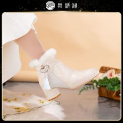 舞绣缘瑶羽棉新款国风毛茸茸流苏高跟鞋圆头浅口中式刺绣百搭旗袍