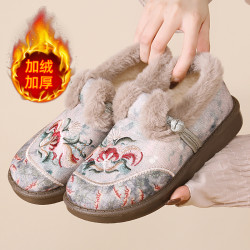 苏檀 2025绵羊毛冬季老北京棉鞋女加绒加厚保暖妈妈鞋一脚蹬厚底绣花鞋