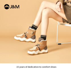 J&M 冬季爆款雪地靴短筒厚底复古拼色保暖圆头加绒87308W