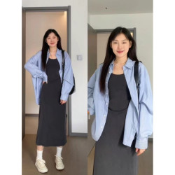 孕妇装春秋长袖防晒衬衣慵懒灰色连衣裙子宽松两件套时髦时尚套装