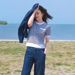 LANCY 朗姿LIAA.春简约撞色条纹短袖圆领针织衫女