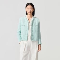 LANCY 2026春季新款法式小香风粗花呢时尚V领仿珍珠短外套