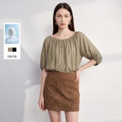 三彩 2026春秋新款纯色小衫圆领五分袖女高品质