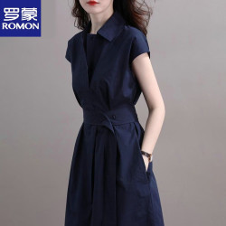 罗蒙 品牌连衣裙2026夏季新款法式设计收腰遮肚显瘦时尚名媛气质简约 藏青色 3XL 140-155斤