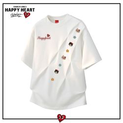 CHARLES JANG'S HAPPY HEART 小猫印花斜褶短袖T恤男女夏季2026新款休闲圆领上衣潮