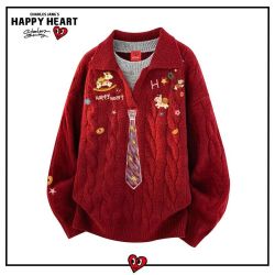 CHARLES JANG'S HAPPY HEART 涂鸦领带假两件针织衫男马年2026冬季新款宽松慵懒毛衣