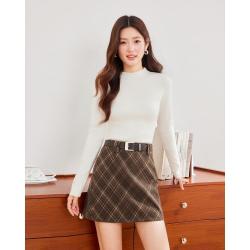 爱依服 唯品专属2026秋冬格纹毛呢半身裙休闲显瘦A裙