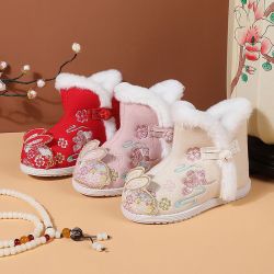 汉服鞋女童冬季加绒加厚靴子古风古装宝宝拜年鞋中国风儿童绣花鞋