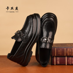 中年软底一脚蹬增高真皮夏季乐福鞋男黑色透气休闲小牛皮鞋英伦风