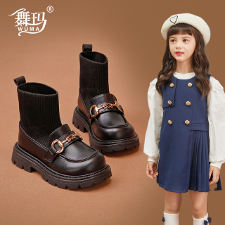 舞玛 女童单靴儿童真皮短靴2025新款小女孩冬季加绒袜口靴二棉鞋446586