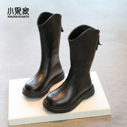 女童靴子秋冬儿童长筒靴走秀高靴女孩马丁靴黑色加绒长靴冬季棉靴