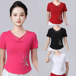 佳宝莉源 2025夏季广场舞服装新款运动刺绣短袖棉上衣吸汗跑步服WLZ显瘦