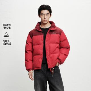 太平鸟 男装反季防风立领撞色拼接满印男式羽绒服