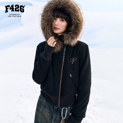 F426 官方店超好看冬季新款短棉服可拆卸毛领斜门襟棉服 黑色