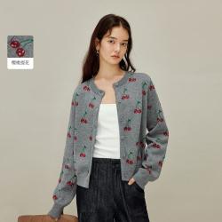 茵曼 甜美樱桃提花圆领针织开衫女2026春秋款长袖藏青色毛衣外套