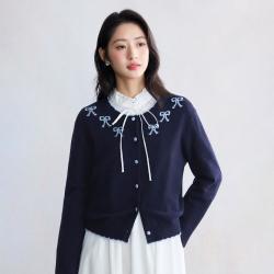 茵曼 法式撞色蝴蝶结提花针织开衫2026春秋款温柔时尚百搭显瘦毛衣