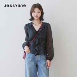 JESSYLINE 杰茜莱2026秋新款法式波点雪纺衬衫女V领荷叶边黑色上衣