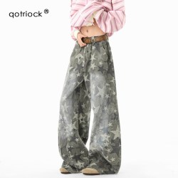 QOTRIOCK 美式复古星星满印工装牛仔裤男女秋季潮牌解构休闲裤宽松拖地裤子