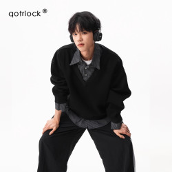 QOTRIOCK 高智感假两件POLO卫衣男秋季宽松撞色长袖miu系加绒加厚情侣外套