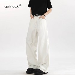 QOTRIOCK 美式白色牛仔裤男女新款宽松cleanfit阔腿休闲裤百搭直筒拖地长裤