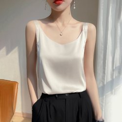 绒淼浩 配西装醋酸吊带背心女内搭缎面打底真丝夏V领桑蚕丝白色黑色上衣