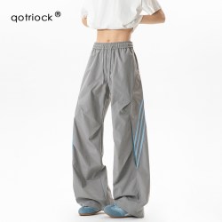 QOTRIOCK 美式网眼条纹休闲裤男女夏季薄款潮牌户外速干舒适阔腿登山长裤子
