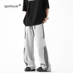 QOTRIOCK 美式条纹休闲裤男女夏季薄款潮牌宽松冰丝速干直筒裤冲锋伞兵裤子
