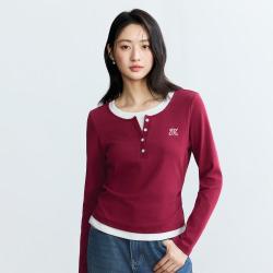 茵曼 新年撞色假两件长袖T恤女2026春秋款时尚显瘦亨利领打底衫