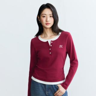 茵曼 新年撞色假两件长袖T恤女2026春秋款时尚显瘦亨利领打底衫