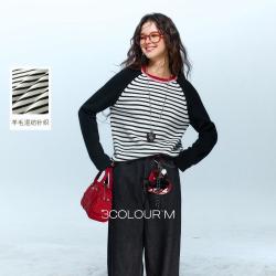 三彩 慵懒宽松圆领条纹针织衫插肩袖套头衫显瘦女M