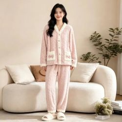 诗莉奥 秋冬开衫睡衣套装女加绒加厚珊瑚绒小香风可外穿居家