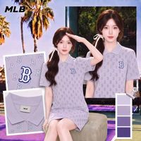 MLB 紫色运动连衣裙短袖女polo领学院风百搭刺绣裙夏