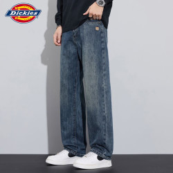 Dickies 牛仔裤男士春季宽松弯刀工作阔腿直筒休闲保暖穿搭工作棉长裤子装 怀旧蓝色