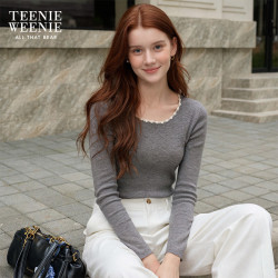 TEENIE WEENIE 小熊女装毛衣秋季时尚花边圆领刺绣简约休闲舒适上衣 中灰色