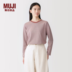 無印良品 MUJI 女式 天竺编织长袖T恤 上衣打底衫女款女装26年秋季BB2X6A6A 砖红色图案 L (165/88A)