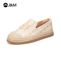 J&M 渔夫鞋女2026新款秋季透气懒人一脚蹬布鞋草编圆头单鞋