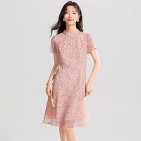 Sanpowa 女中式改良旗袍立领盘扣短袖连衣裙优雅时尚舒适夏高级感雪纺裙
