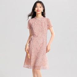 Sanpowa 女中式改良旗袍立领盘扣短袖连衣裙优雅时尚舒适夏高级感雪纺裙