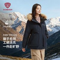 坦博尔 鹅绒派克羽绒服男女同款貉子毛领高蓬户外防风防泼水保暖时尚外套 夜澜青 S (160)