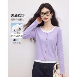熙世界sllsky 熙世界 26年秋新品T恤女假两件花朵木质扣遮阳瘦瘦t